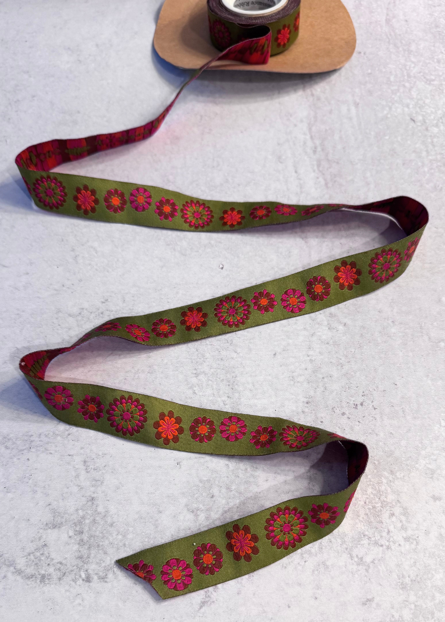 Olive Green Floral Jacquard Ribbon